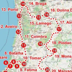 Portugalia na mapie: od Porto (13) przez Aveiro (12) i Coimbrę (11) do Fatimy (9). Trasa obejmuje też Nazare (6), Batalię (8) i Tomar (10).
