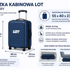 Granatowa walizka kabinowa LOT o wymiarach 55x40x23 cm, idealna na bagaż podręczny do 8 kg.