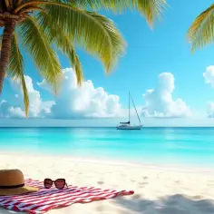 Idealne miejsce, gdzie jest ciepło w lutym: piaszczysta plaża, palmy, turkusowa woda i żaglówka na horyzoncie. Leżak z kapeluszem i okularami czeka.
