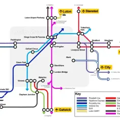 Mapa połączeń kolejowych z lotniskami w Londynie: Heathrow, Gatwick, Stansted, Luton i Southend.