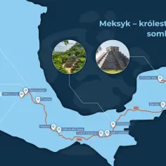 Mapa pokazuje, gdzie leży Meksyk, z zaznaczonymi piramidami, miastami i plażami.