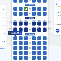 Wybierasz miejsca w samolocie Ryanair przy oknie. Dostępne są opcje z większą przestrzenią na nogi, szybkim wyjściem, najlepszą ceną lub XL.