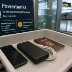 Na lotnisku Ryanair, w tacce do kontroli bezpieczeństwa leży powerbank, telefon i paszport.