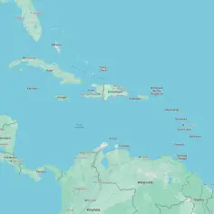 Mapa Karaibów z zaznaczoną Dominikaną. Widać też Kubę, Haiti, Jamajkę, Portoryko i inne wyspy.