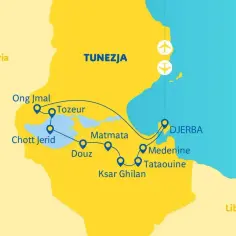Mapa Tunezji z zaznaczonymi trasami i lotniskami. Podróż przez Tozeur, Douz, Matmatę, Tataouine, Medenine i Dżerbę.