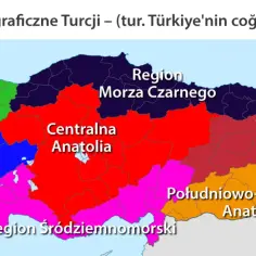 Mapa pokazuje, gdzie leży Turcja, podzielona na regiony: Morze Czarne, Centralna Anatolia, Południowo-Wschodnia Anatolia i Region Śródziemnomorski.