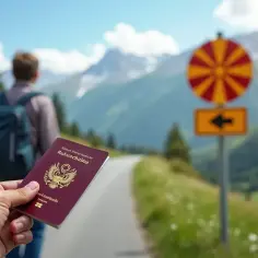 Ręka trzyma paszport, a w tle widać turystę i znak drogowy. Czy do Macedonii potrzebny paszport?