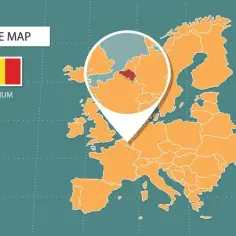 Mapa Europy z zaznaczonym krajem Belgia. Powiększenie pokazuje, gdzie jest Bruksela, stolica Belgii, w sercu Europy.