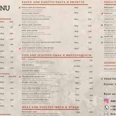 Menu z Czarnogóry: przystawki, makarony, pizza, ryby, mięso. Ceny w euro.