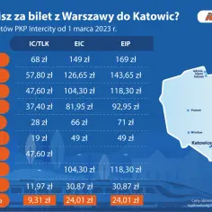 Tabela cen biletów PKP Intercity z Warszawy do Katowic, z podziałem na kategorie i rodzaje promocji.