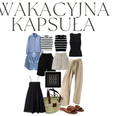 Inspiracja na wakacyjną kapsułę: lniane spodnie, szorty, sukienka, topy, koszula, torba i sandały. Idealne, by wiedzieć, co zabrać na wakacje.