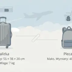 Jaki bagaż do samolotu? Porównanie walizki (55x38x20 cm, 7 kg) i plecaka (40x30x15 cm).