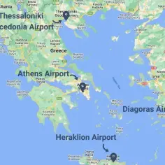 Mapa Grecji z zaznaczonymi lotniskami: Macedonia Airport, Athens Airport, Diagoras Airport, Heraklion Airport.