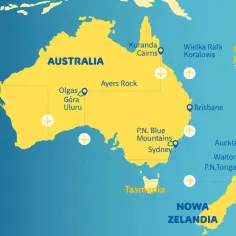 Mapa pokazuje Australię i Nową Zelandię. Gdzie leży Nowa Zelandia? Na wschód od Australii, na oceanie.