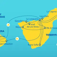 Mapa Wysp Kanaryjskich, pokazująca gdzie leży Teneryfa i La Gomera, z zaznaczonymi atrakcjami jak Loro Park i P.N. El Teide.