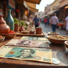 Na stole leżą banknoty, które mogą być tunezyjską walutą, obok miseczek z przyprawami i ziarnami.