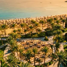Rajska plaża w Egipcie z rzędami leżaków i palm. Widok z lotu ptaka na luksusowy kurort, idealny na wakacje.
