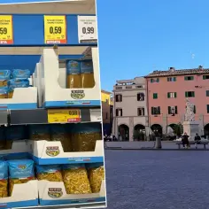 Włoskie ceny makaronu: penne, spaghetti i tortiglioni od 0,59 euro. W tle urokliwy plac z kolorowymi kamienicami.