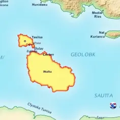 Gdzie jest Malta? Na mapie widać archipelag maltański, w tym wyspy Inalta i Tasiisa, otoczony wodami POEEIM i GEOLOBK, niedaleko wybrzeży Tunezji.