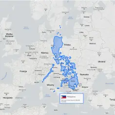 Filipiny rozciągają się od Bałtyku po Morze Czarne, pokazując ich prawdziwy rozmiar na mapie Europy.
