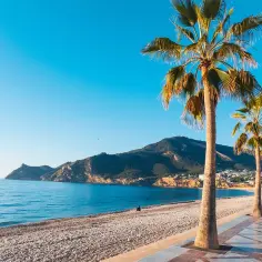 Piękna pogoda w Alicante w kwietniu: palmy, plaża i błękitne morze. Idealne warunki na spacer promenadą.