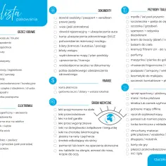 Lista rzeczy na wyjazd: odzież, obuwie, dokumenty, przybory toaletowe, kosmetyki, elektronika, środki medyczne, finanse i dodatki.