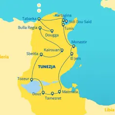 Mapa pokazuje, gdzie jest Tunezja, z zaznaczonymi miastami jak Tunis, Kairouan, El Jem, Matmata, Tozeur, Tabarka i innymi.