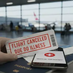 Dłoń trzyma bilet z napisem "FLIGHT CANCELED DUE TO ILLNESS". Obok paszport, telefon z powiadomieniem "MEDICAL EMERGENCY" i inne bilety. Czy można zwrócić bilet lotniczy w takiej sytuacji?
