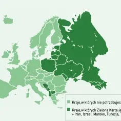 Mapa Europy i okolic: zielona karta jest niezbędna w krajach takich jak Iran, Izrael, Maroko, Tunezja, Turcja.