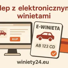 Kup e-winiety Czechy online na winiety24.eu. Komputer pokazuje opcję zakupu, a obok znajduje się elektroniczna winieta z numerem rejestracyjnym i kartą płatniczą.