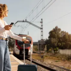 Kobieta z plecakiem i walizką czeka na pociąg PKP. Jej bagaż ponadwymiarowy jest gotowy do podróży.