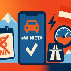 eWinieta: aplikacja na telefon z autem i ptaszkiem, kalendarz z przekreślonym 18 dniami, autostrada, prędkościomierz i flaga Austrii.