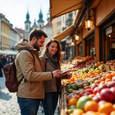 Para młoda sprawdza ceny w Czechach na targu pełnym świeżych owoców.