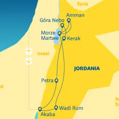 Mapa przedstawia trasę wycieczki do Jordanii: Amman, Góra Nebo, Morze Martwe, Kerak, Petra, Wadi Rum i Akaba.