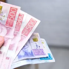 Dłoń trzyma banknoty 500 koron szwedzkich. To właśnie jaka waluta w Szwecji.