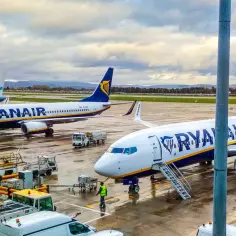 Samoloty Ryanair na płycie lotniska, gotowe do lotów do Anglii. W tle widać samolot KLM.