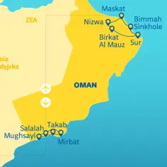 Mapa pokazuje gdzie jest Oman, z zaznaczonymi miastami: Maskat, Nizwa, Sur, Salalah i Mirbat.