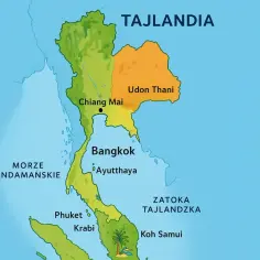 Mapa Tajlandii z zaznaczonymi miastami: Bangkok, Chiang Mai, Udon Thani, Phuket. Gdzie jest Tajlandia? Na mapie widać Morze Andamańskie i Zatokę Tajlandzką.