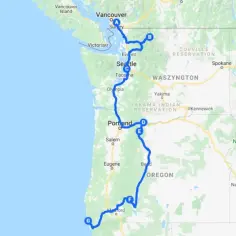 Trasa wyjazdu do USA: od Vancouver przez Seattle i Portland do Oregonu, z zaznaczonymi punktami podróży.