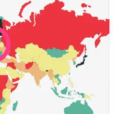 Mapa świata z zaznaczonymi krajami. Czy jest bezpiecznie w Polsce? Mapa pokazuje, że Polska jest w zielonej strefie, co sugeruje wysoki poziom bezpieczeństwa.
