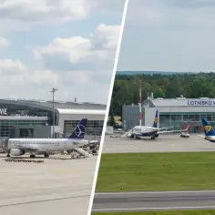 Dwa lotniska w Warszawie: Chopina z wieżą kontroli lotów i samolotami LOT, oraz Warszawa-Modlin z samolotami Ryanair.