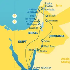 Mapa pokazuje trasę podróży przez Izrael, Jordanię i Egipt, z zaznaczonymi miastami jak Jerozolima, Betlejem, Amman i Petra.