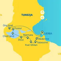 Mapa Tunezji z zaznaczonymi trasami i lotniskami. Podróż przez Tozeur, Douz, Matmatę, Tataouine, Medenine i Dżerbę.