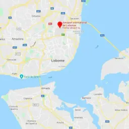 Mapa pokazuje lotniska w Portugalii, w tym międzynarodowy port lotniczy w Lizbonie.