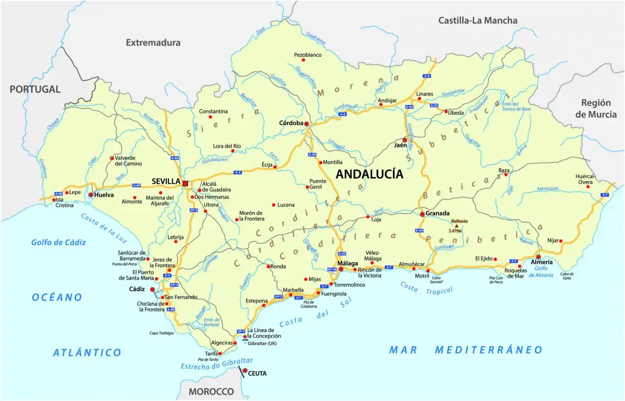 Mapa Andaluzji z zaznaczonymi miastami, drogami i wybrzeżem. Widać tu m.in. Sewillę, Kordobę, Malagę i Almerię. W pobliżu wybrzeża Costa del Sol znajduje się Marbella, popularny cel podróży, do którego można dotrzeć m.in. przez lotnisko w Maladze.