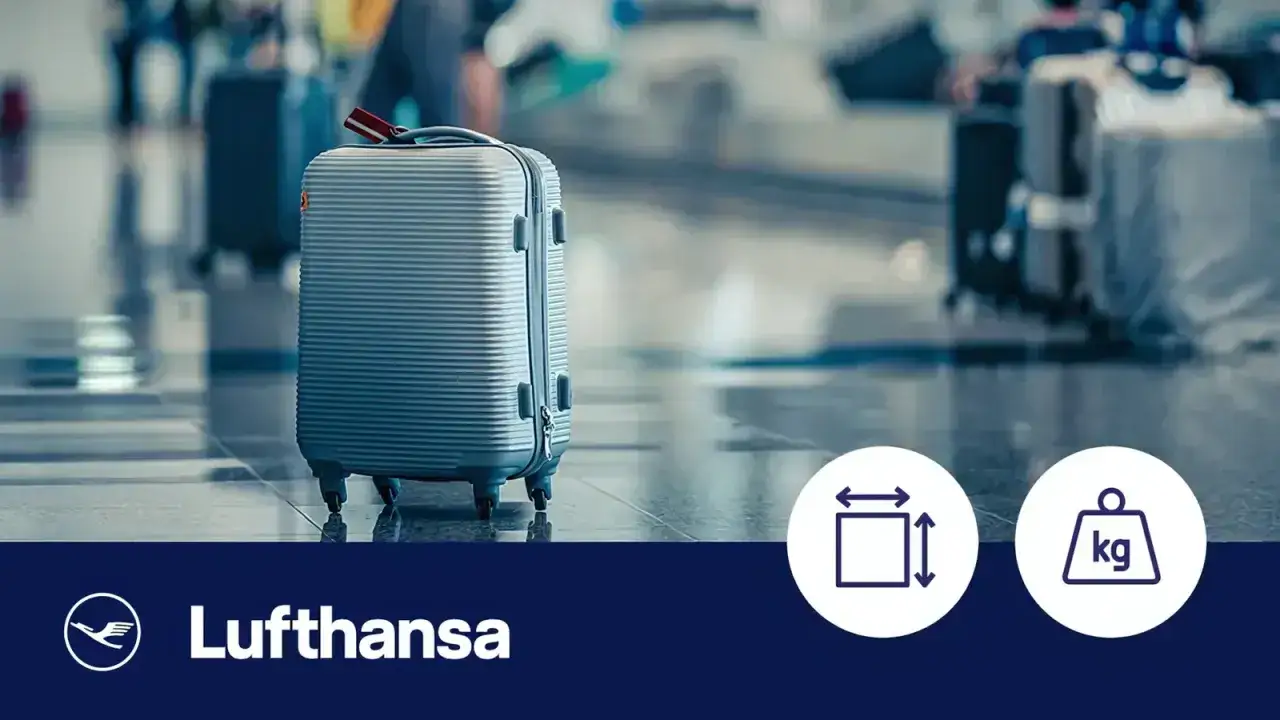 Srebrna walizka na kółkach, idealna jako lufthansa bagaż podręczny. W tle lotniskowy gwar, z przodu logo Lufthansa i ikony wymiarów i wagi.