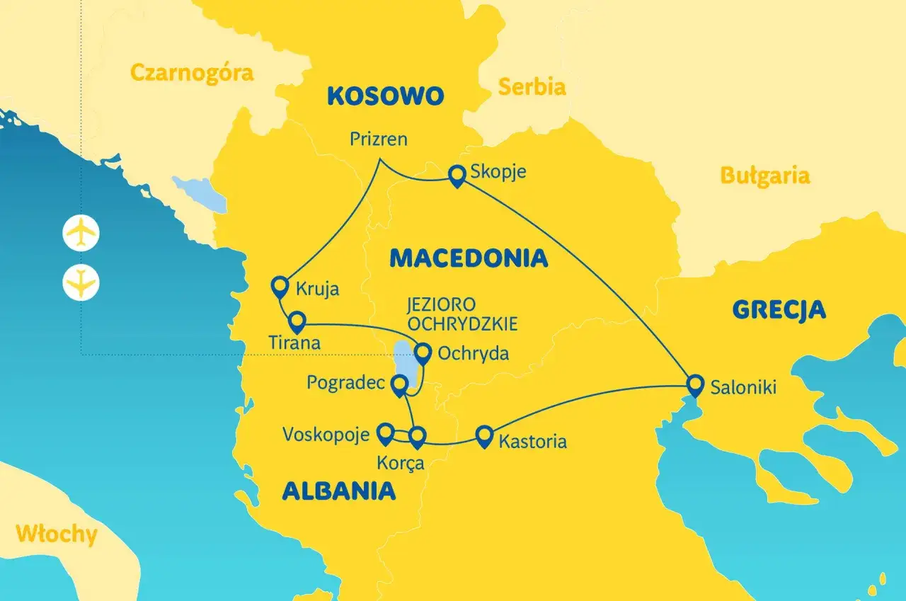 Mapa turystyczna Bałkanów z zaznaczonymi lotniskami w Albanii, Macedonii, Grecji i Kosowie. Trasa obejmuje Tirana, Kruja, Ochryda i Saloniki.
