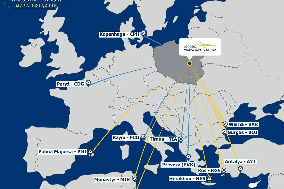 Mapa połączeń z Lotniska Warszawa-Radom. Widoczne trasy do Rzymu, Tirany, Warny, Burgas, Antalyi, Kos, Heraklionu, Monastyru, Palmy Majorki, Paryża i Kopenhagi.