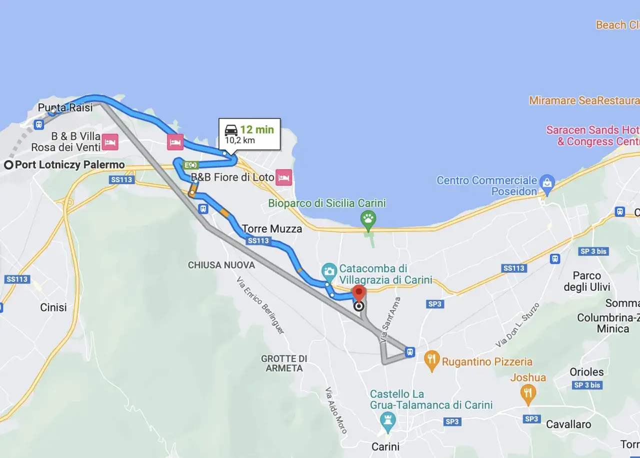 Trasa z Punta Raisi do Carini na Sycylii, 10,2 km, 12 minut. Idealne sycylia loty dla podróżujących.