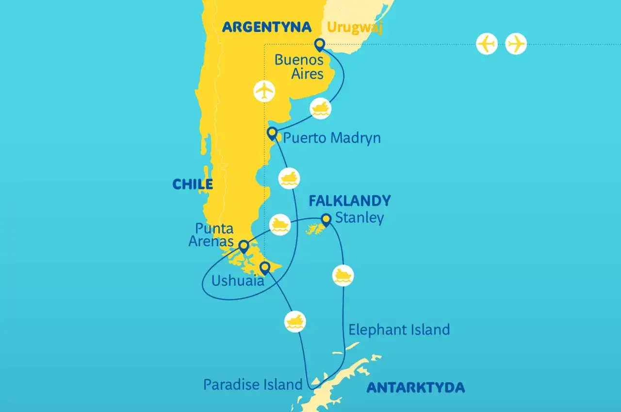 Trasa wycieczki na Antarktydę: Buenos Aires, Falklandy, Wyspa Słoniowa, Wyspa Rajska.